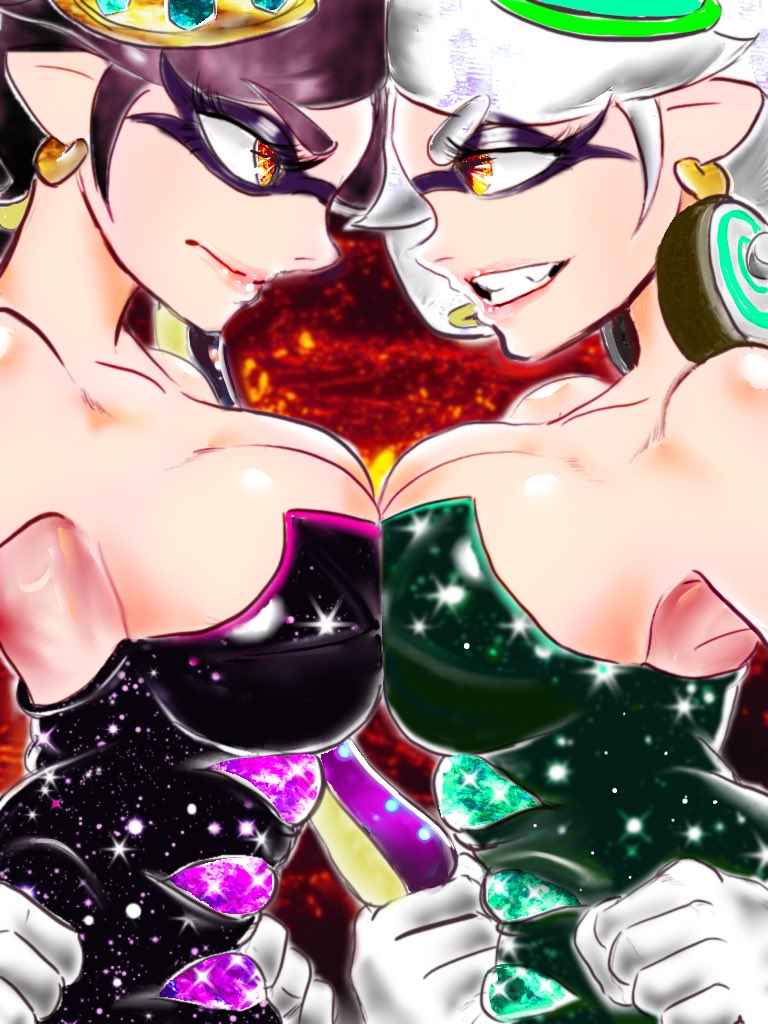 2girls, angry, bare_shoulders, breast_press, breasts, callie_(splatoon), cleavage, cousins, earrings, from_side, gloves, jewelry, large_breasts, lips, long_hair, marie_(splatoon), mazuo917, multiple_girls, nintendo, pointy_ears, short_hair, sleeveless, splatoon_(series), tentacle_hair, twintails, upper_body
