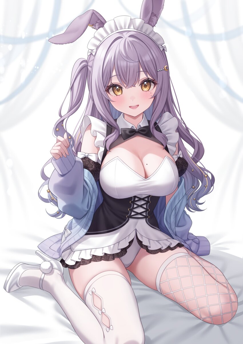 1girl, absurdres, amaya_kashi, animal_ear_fluff, animal_ears, asymmetrical_legwear, black_dress, blue_cardigan, breasts, cardigan, cleavage, commission, crescent, crescent_hair_ornament, crossed_bangs, dress, fishnet_thighhighs, fishnets, gradient_cardigan, hair_ornament, high_heels, highres, indie_virtual_youtuber, large_breasts, long_hair, looking_at_viewer, maid_headdress, mismatched_legwear, mole, mole_on_breast, mole_under_eye, multiple_moles, one_side_up, open_cardigan, open_clothes, puffy_short_sleeves, puffy_sleeves, purple_cardigan, purple_hair, rabbit_ears, rabbit_girl, second-party_source, shoes, short_sleeves, showgirl_skirt, sidelocks, sitting, skeb_commission, sleeves_past_wrists, smile, solo, star_(symbol), star_hair_ornament, teeth, thighhighs, two-tone_dress, upper_teeth_only, uxx2ixu, virtual_youtuber, wariza, white_dress, white_shoes, white_thighhighs, yellow_eyes