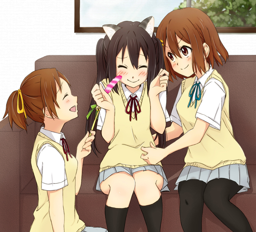 3girls, animal_ears, bad_id, bad_pixiv_id, black_hair, brown_eyes, brown_hair, cat_ears, cat_teaser, hirasawa_ui, hirasawa_yui, k-on!, long_hair, mirin_(youton_jou), multiple_girls, nakano_azusa, pantyhose, ponytail, school_uniform, short_hair, tickling, tickling_back, tickling_face, tickling_stomach, twintails