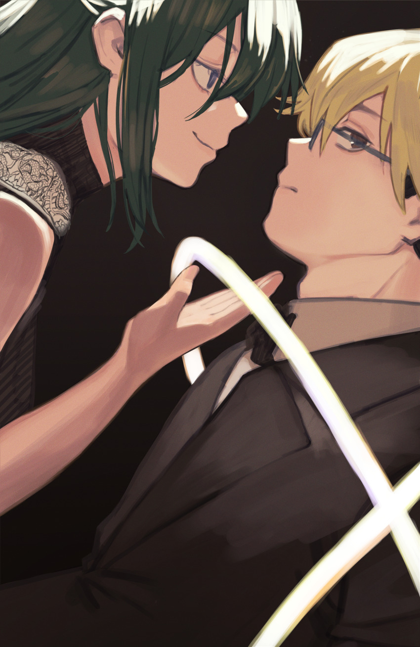 1boy, 1girl, assertive_female, averting_eyes, bei_chelun_de_daquan_yangcong_anakin, black_bow, black_bowtie, black_jacket