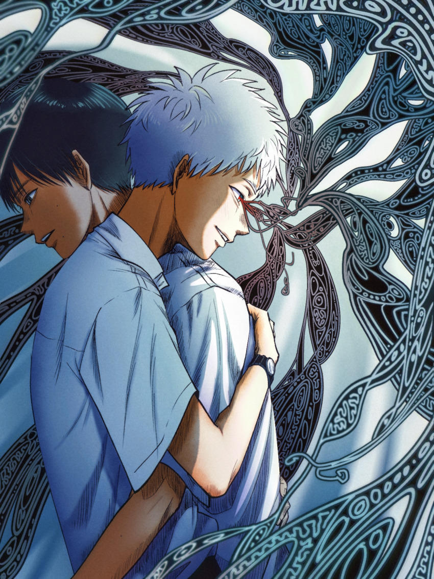 2boys, body_horror, collared_shirt, commentary_request, from_side, highres, indou_hikaru, hikaru_ga_shinda_natsu, hug, male_focus, melting_eyes, mole, mole_on_cheek, mole_on_neck, mole_under_mouth, multiple_boys, multiple_moles, nano_(h-koki0911), red_pupils, school_uniform, shirt, short_hair, short_sleeves, smile, teeth, tsujinaka_yoshiki, upper_body, upper_teeth_only, watch, white_hair, white_shirt, wristwatch