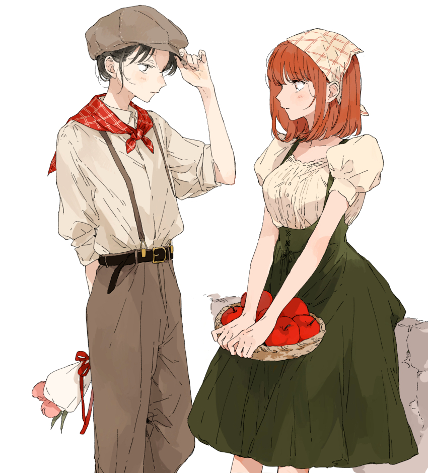 2girls, apple, arms_behind_back, beret, black_hair, flower, food, fruit