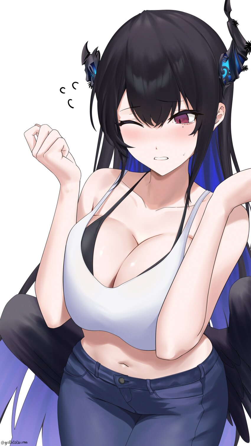 1girl, absurdres, alternate_costume, asymmetrical_horns, black_bra, black_flower, black_hair, black_wings