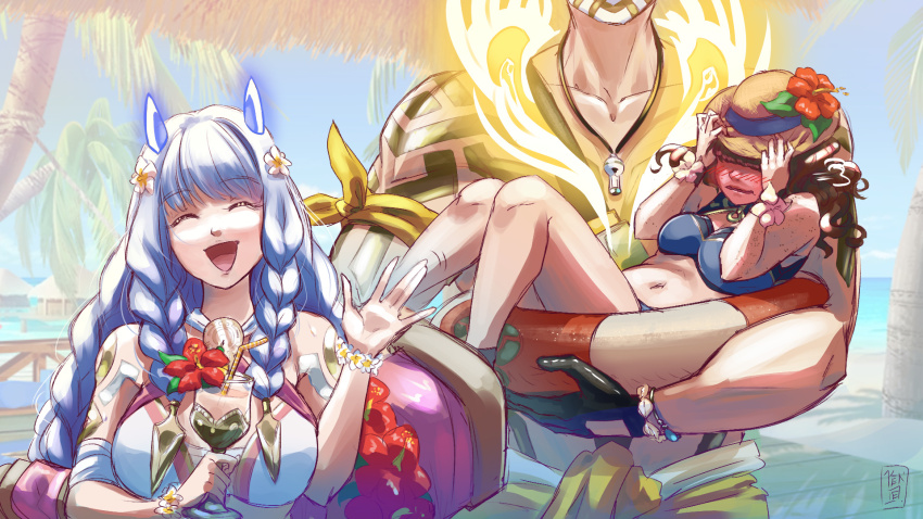 1boy, 2girls, bikini, blue_bikini, blue_hair, breasts, carrying, carrying_person, closed_eyes, cup, eikthyrnir_(fire_emblem), eikthyrnir_(summer)_(fire_emblem), female_kiran_(fire_emblem), fire_emblem, fire_emblem_heroes, french_commentary, heidrun_(fire_emblem), heidrun_(summer)_(fire_emblem), highres, holding, holding_cup, innertube, kenmei_slg, kiran_(fire_emblem), large_breasts, long_hair, multiple_girls, nintendo, open_mouth, princess_carry, swim_ring, swimsuit, waving, white_bikini