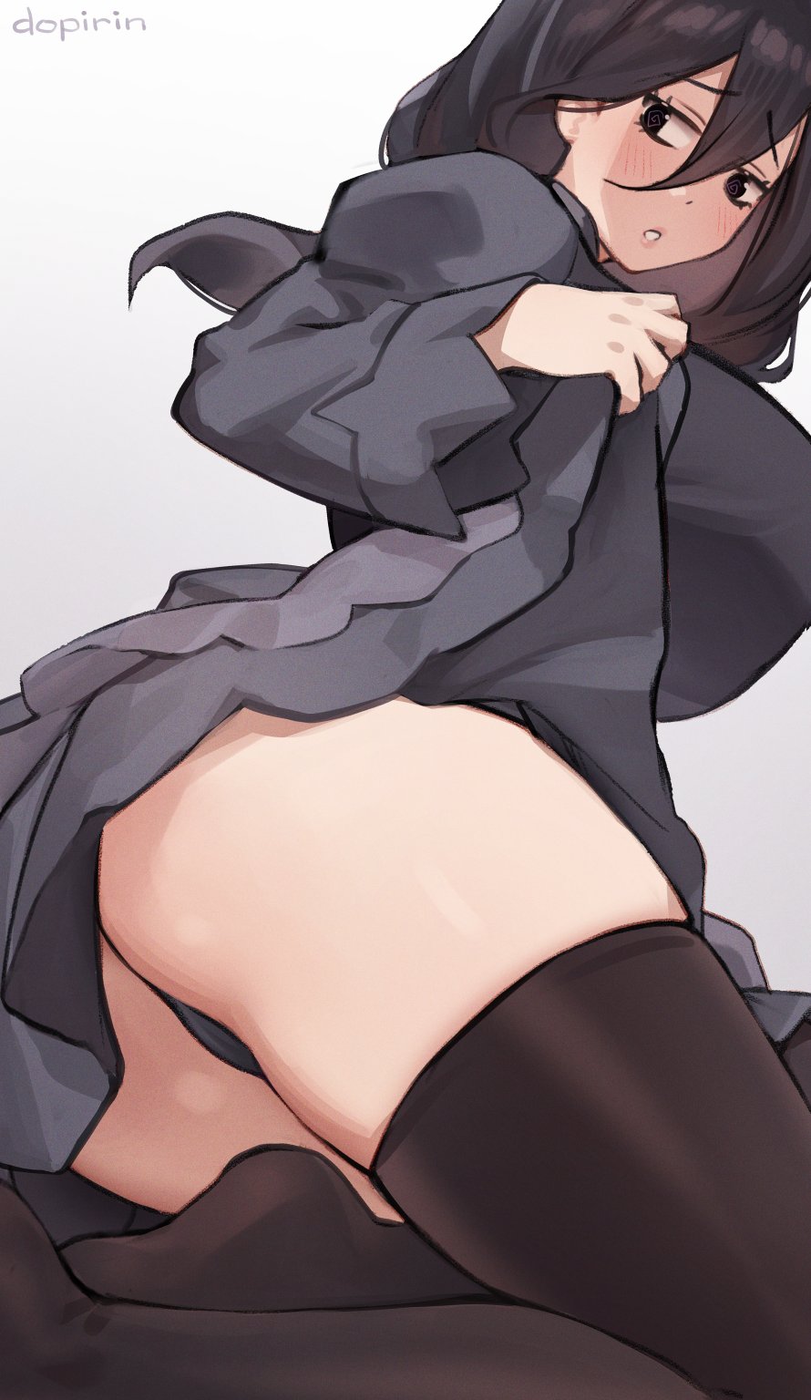 1girl, alternate_breast_size_(larger), artist_name, black_dress, black_hair, black_panties, black_thighhighs, breasts, clothes_lift, dopirin, dress, dress_lift, hex_maniac_(pokemon), hex_maniac_(pokemon_legends:_z-a), highres, large_breasts, long_sleeves, looking_to_the_side, nintendo, panties, pokemon, pokemon_legends:_z-a, puffy_long_sleeves, puffy_sleeves, solo, thighhighs, thighs, underwear, white_background