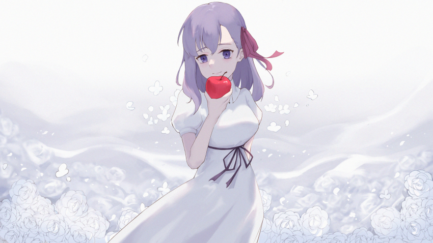 1girl, absurdres, apple, blue_eyes, bug, butterfly, commentary, dress