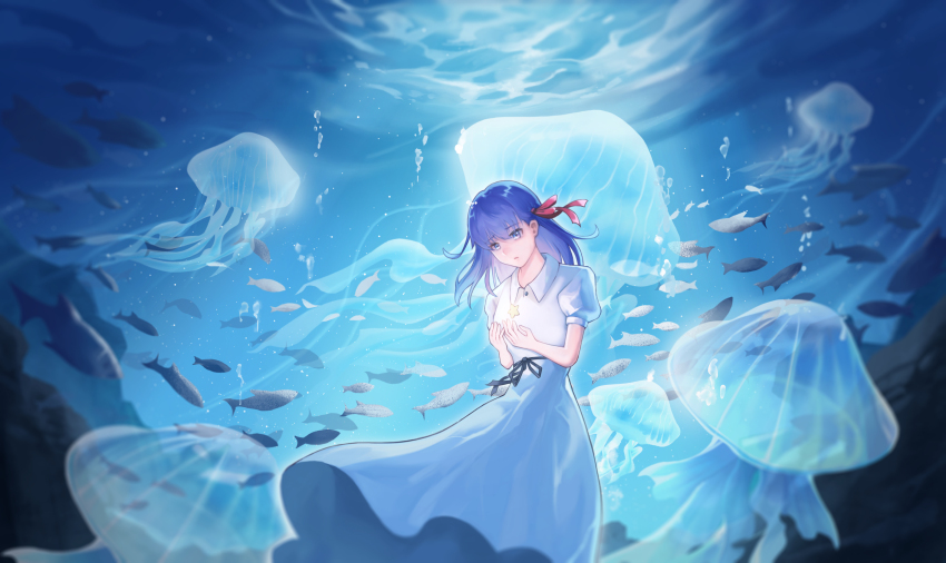 1girl, absurdres, air_bubble, blue_eyes, blurry, bubble, commentary_request, depth_of_field