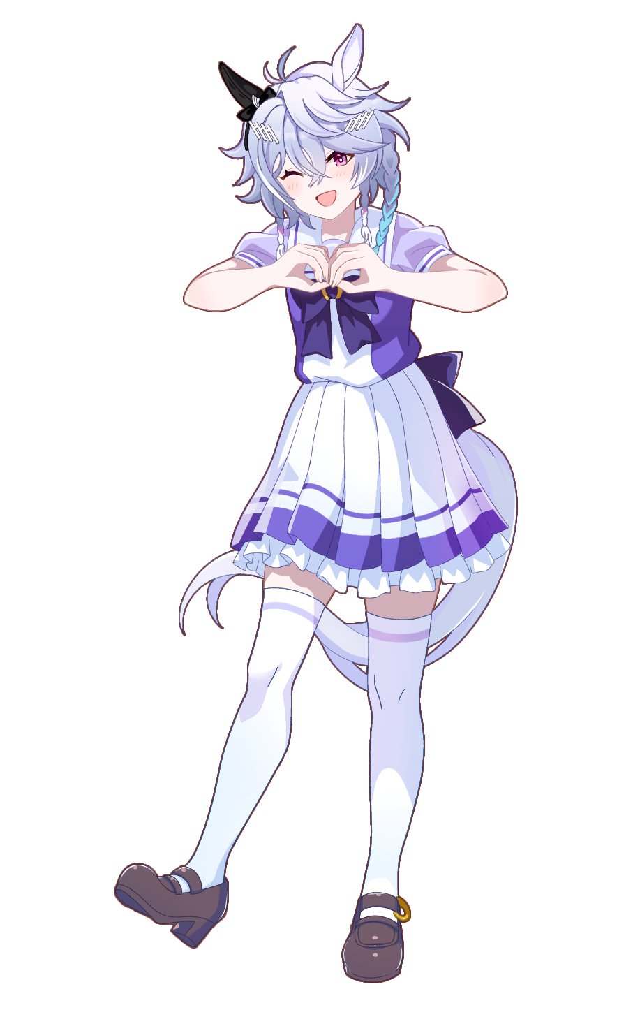 animal_ears, blue_hair, bow, braid, cosplay, crossdressing, crossdressing_(mtf), dress, ear_ornament, ear_ribbon, grey_hair, highres, holostars, holostars_english, horse_boy, horse_ears, horse_girl, horse_tail, kemonomimi_mode, male_focus, multiple_braids, octavio, pink_eyes, purple_dress, school_uniform, simple_background, tail, tracen_school_uniform, trap, umamusume, virtual_youtuber