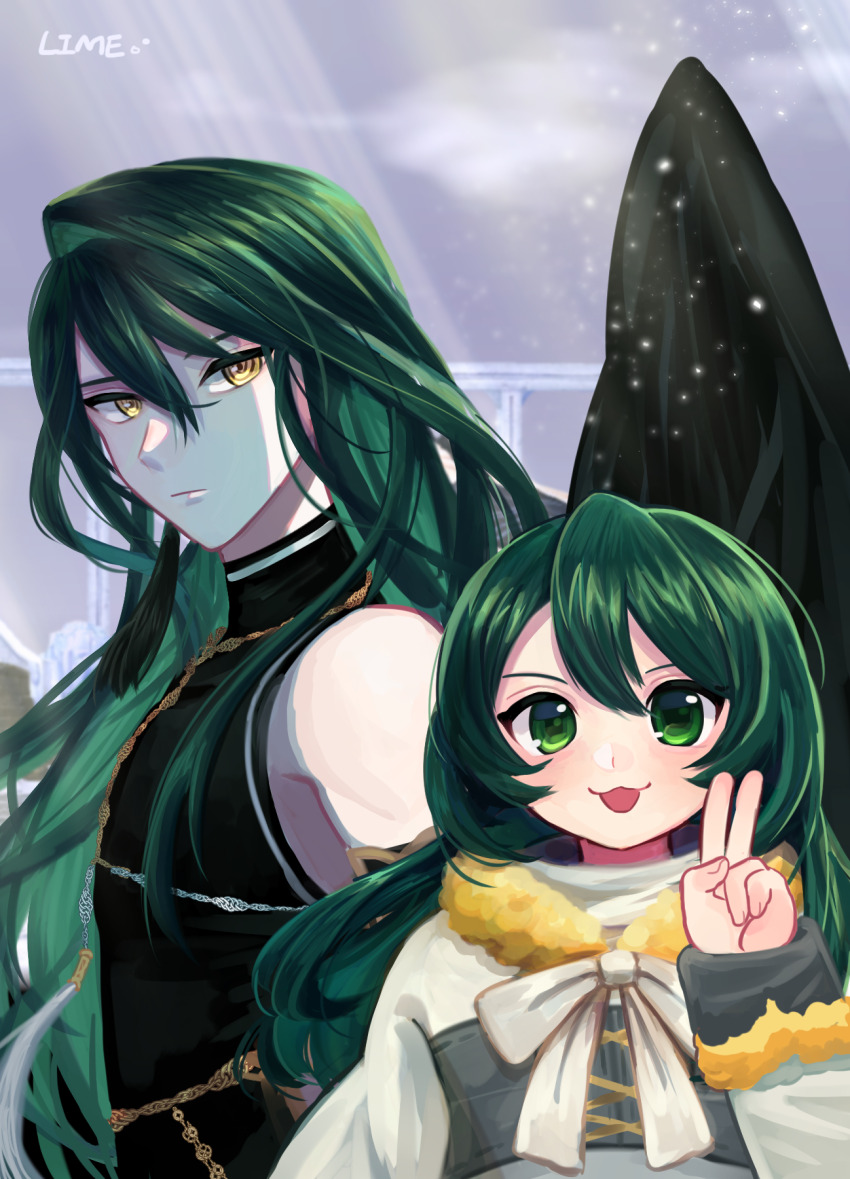 1girl, coat, green_eyes, grey_hair, highres, hood, lime_mitstyb, long_hair, long_sleeves, looking_at_viewer, mabinogi, smile, tanilliem_(mabinogi), v