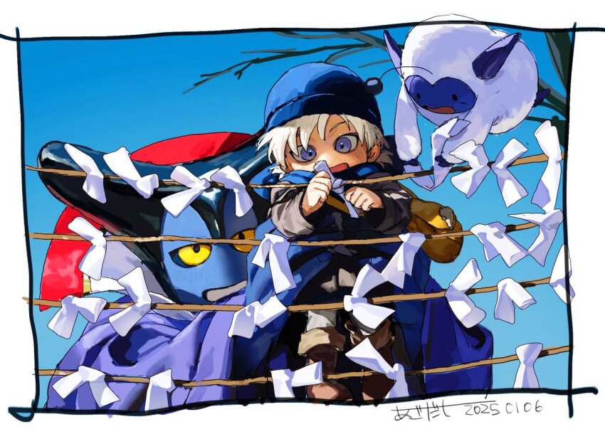 2boys, antennae, bare_tree, black_sclera, blue_eyes, blue_skin, blue_sky, blue_tunic