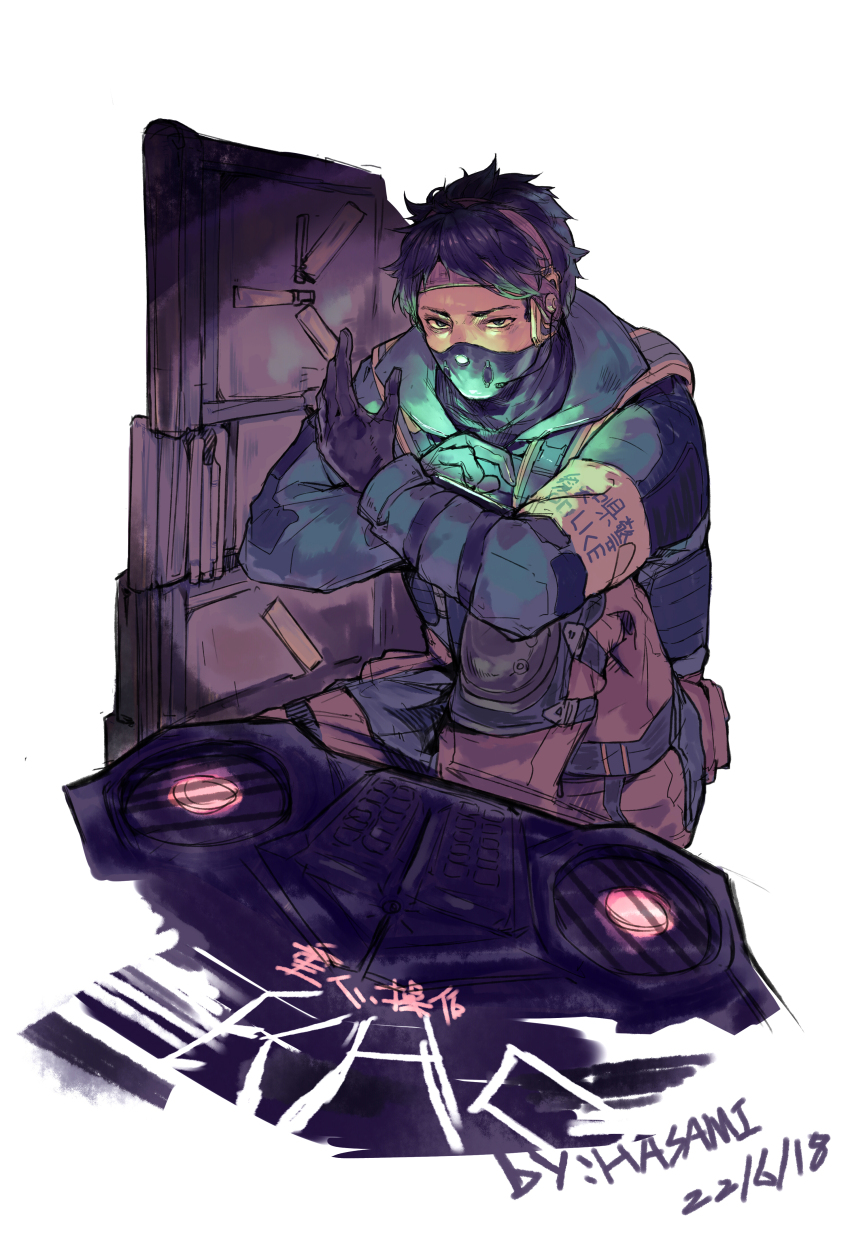 1boy, absurdres, arm_on_knee, armband, artist_name, black_eyes, black_gloves, black_hair