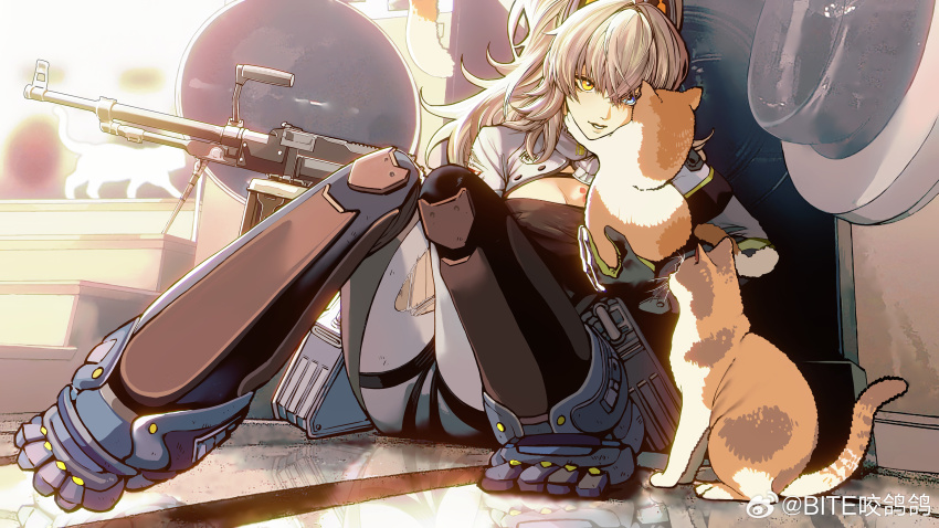 1girl, absurdres, animal_ears, bite_yaogege, blonde_hair, blue_eyes, cat, cat_ears