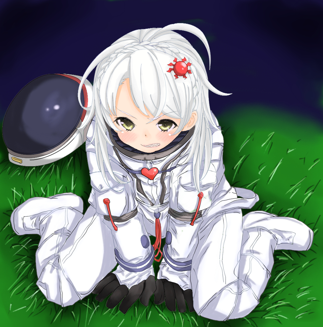 10s, 1girl, ahoge, angry, astronaut, blush, denpa_onna_to_seishun_otoko, female_focus, full_body, gloves, grass, heart, hoshimiya_yashiro, kneeling, mask, short_hair, sitting, solo, teeth, wariza, white_hair, yellow_eyes, yua_(k-8810)
