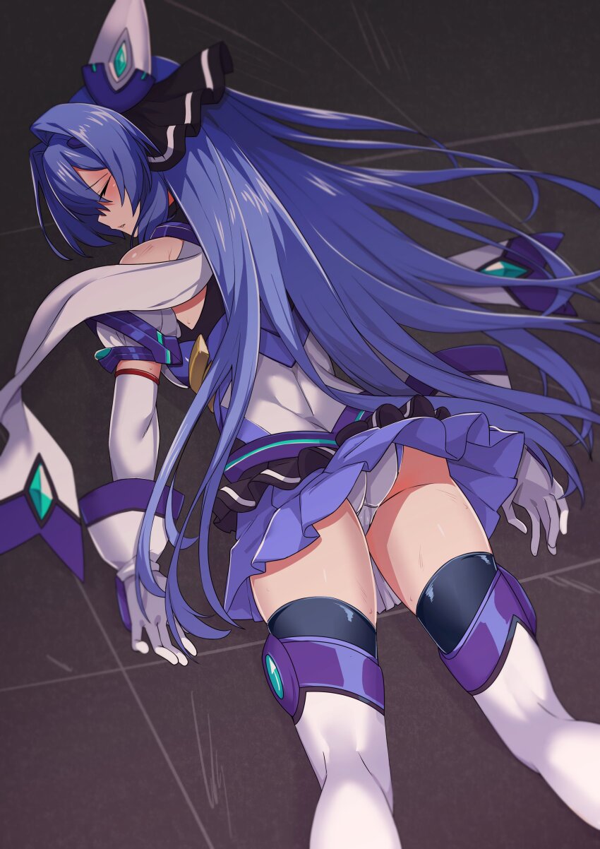 1girl, absurdres, ass, bare_shoulders, black_thighhighs, blue_hair, blue_skirt, boots, closed_eyes, closed_mouth, commission, defeat, detached_sleeves, elbow_gloves, exs-tia_(kouyoku_senki_exs-tia_3), from_behind, gloves, goemon1110, hair_intakes, highres, katsuragi_marina, kouyoku_senki_exs-tia, long_hair, lying, magical_girl, miniskirt, on_stomach, panties, pantyshot, pleated_skirt, skeb_commission, skirt, solo, sweat, thighhighs, tile_floor, tiles, unconscious, underwear, upskirt, variant_set, very_long_hair, white_gloves, white_panties