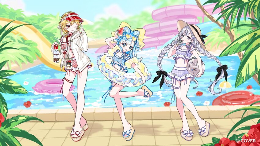 3girls, :d, ;d, amaharu_wasure, bikini, blonde_hair, blue_bikini, blue_eyes, blue_hair, blue_sky, blurry, blurry_background, bow, braid, breasts, choker, cloud, colored_tips, commentary_request, company_name, copyright_notice, day, english_text, feet, flower, food, foot_out_of_frame, frilled_bikini, frills, fruit, full_body, grey_hair, hair_bow, hat, heart, heart-shaped_eyewear, highleg, highleg_bikini, highres, holding, holding_food, holding_fruit, holding_popsicle, holding_swim_ring, holoh3roes, hololive, hololive_indonesia, inflatable_armbands, innertube, jacket, kaela_kovalskia, kaela_kovalskia_(holonatsu_paradise), kobo_kanaeru, kobo_kanaeru_(holonatsu_paradise), large_bow, leg_ribbon, long_hair, looking_at_viewer, low_twin_braids, medium_breasts, multicolored_hair, multiple_girls, navel, off-shoulder_bikini, off_shoulder, official_alternate_costume, official_alternate_hairstyle, official_art, one_eye_closed, open_mouth, outdoors, platform_sandals, popsicle, purple_bikini, red_bikini, red_eyes, red_flower, ribbon, ribbon_choker, sandals, short_hair, side_braid, sky, small_breasts, smile, stomach, straw_hat, sun_hat, sunglasses, swim_ring, swimsuit, thigh_ribbon, tinted_eyewear, twin_braids, two-tone_hair, very_long_hair, vestia_zeta, vestia_zeta_(holonatsu_paradise), virtual_youtuber, visor_cap, watermelon, waterpark, wavy_hair, white_hair, white_jacket, yellow-tinted_eyewear