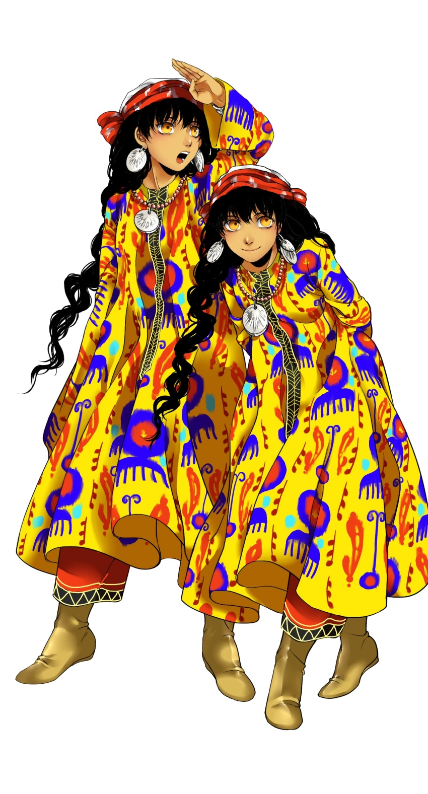 2girls, absurdres, arms_behind_back, bandana, black_hair, boots, closed_mouth, dress