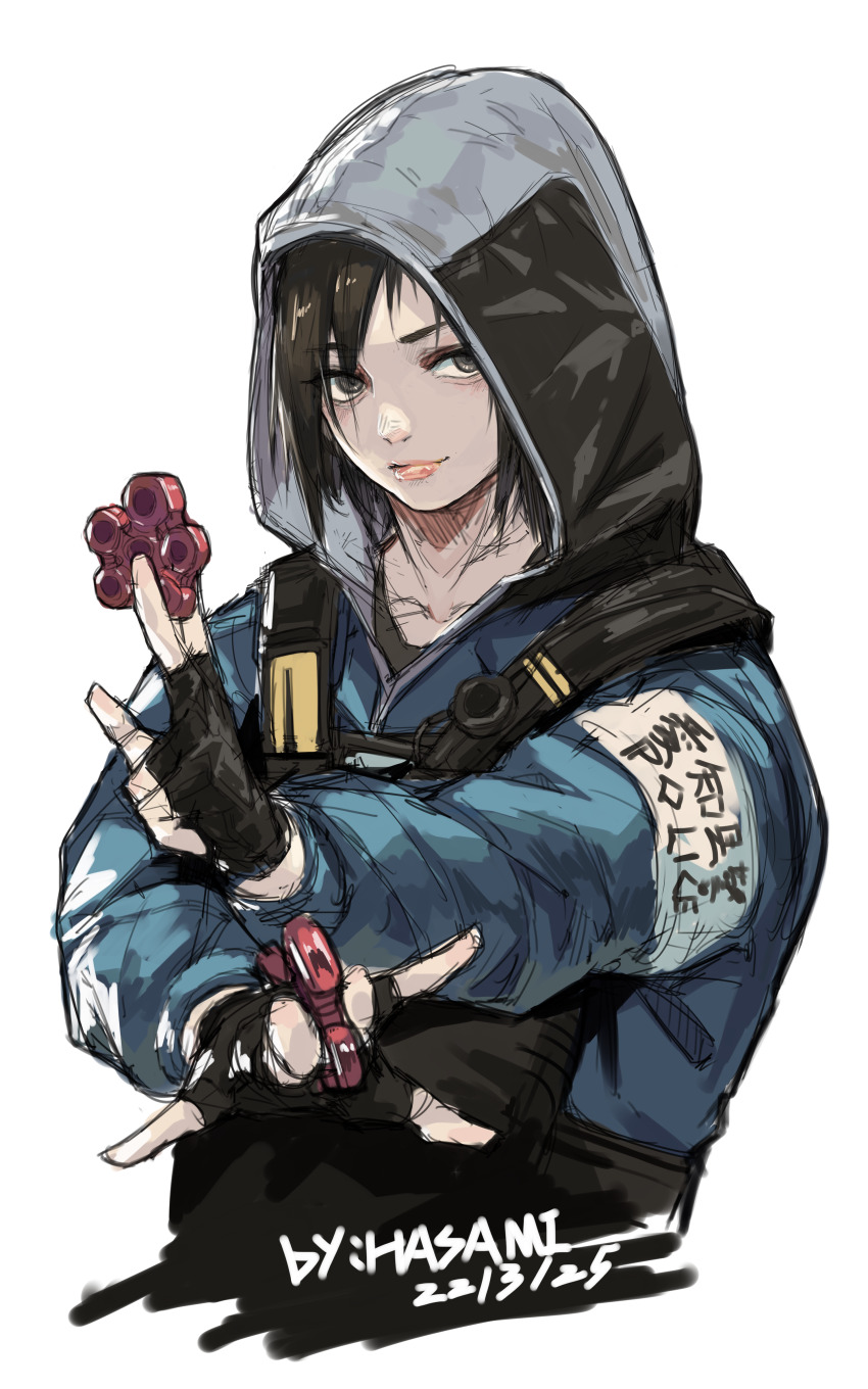 1girl, absurdres, armband, artist_name, black_gloves, black_hair, blue_jacket, bulletproof_vest