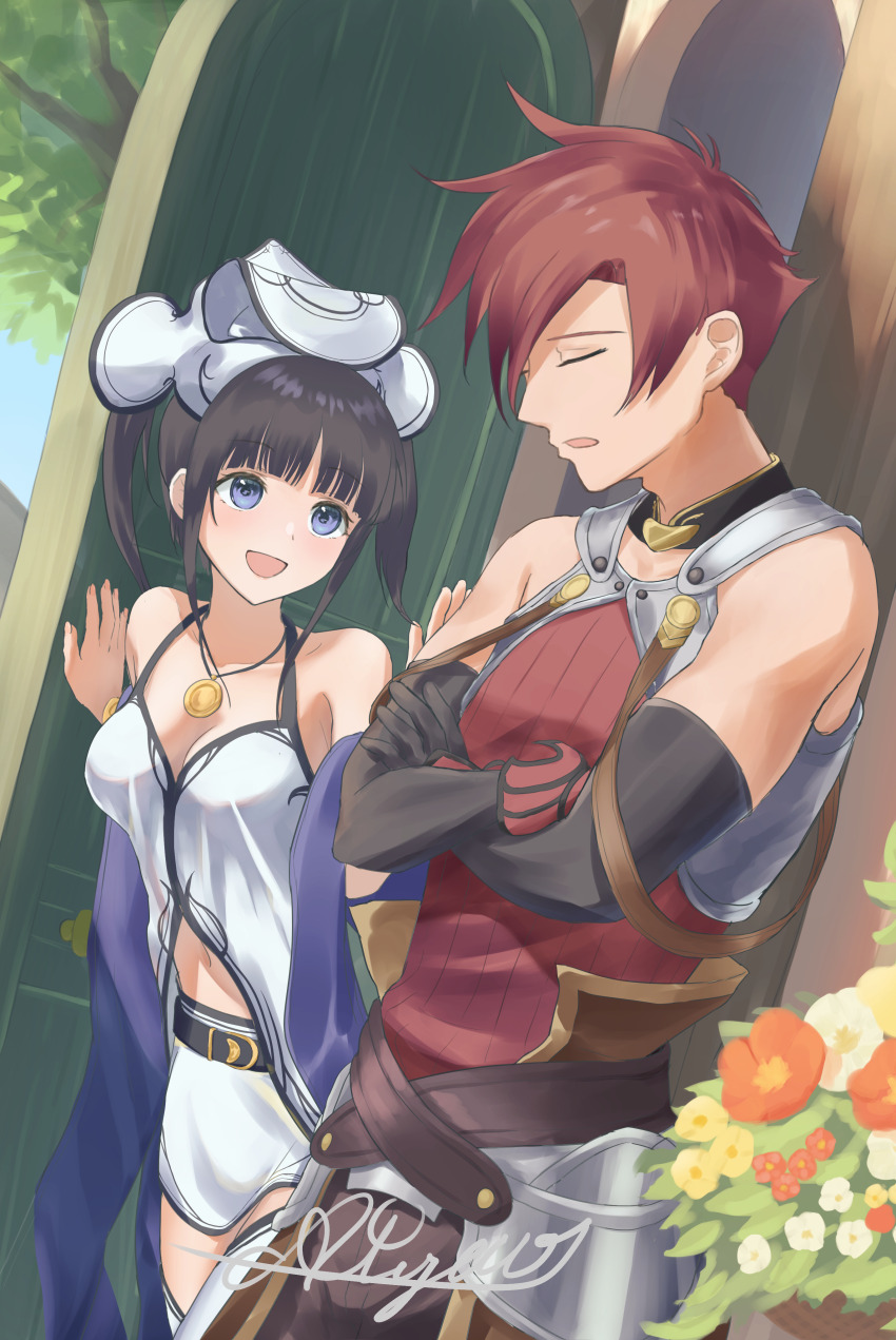 1boy, 1girl, absurdres, atelier_(series), atelier_iris, atyao-299, crossed_arms, door