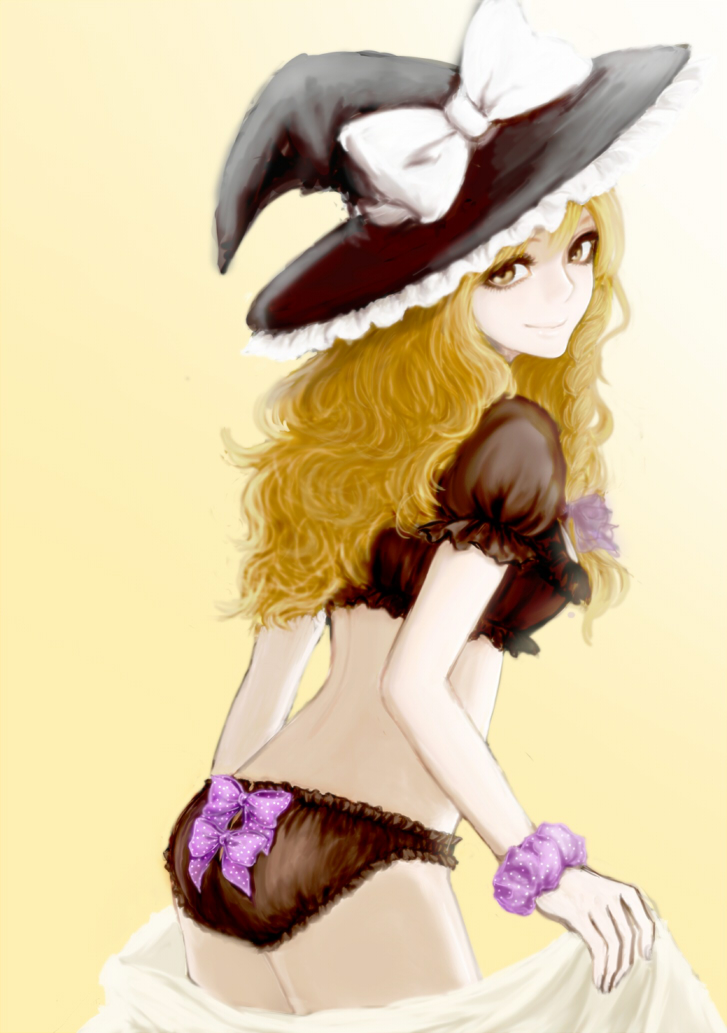 1girl, alternate_costume, bad_id, bad_pixiv_id, bed_sheet, black_panties, blonde_hair, bow, bracelet, braid, female_focus, from_behind, hair_bow, hair_ornament, hat, jewelry, kirisame_marisa, lingerie, long_hair, looking_back, panties, ririko_deluxe, smile, solo, touhou, underwear, underwear_only, wavy_hair, witch, witch_hat, yellow_eyes