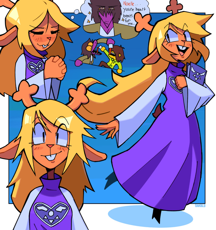 1other, 2girls, animal_ears, animal_nose, antlers, barefoot, blonde_hair, blush, book, brown_eyes, brown_fur, brown_jacket, brown_pants, buck_teeth, closed_eyes, collared_shirt, colored_sclera, colored_skin, cup, deer_ears, deer_tail, deltarune, disposable_cup, dress, drink, eyelashes, furry, furry_female, green_shirt, highres, holding, holding_book, hooves, horns, imagining, jacket, kris_(deltarune), long_dress, long_hair, long_sleeves, looking_at_viewer, medium_hair, multiple_girls, multiple_views, noelle_holiday, oakblu, open_mouth, orange_fur, pants, purple_dress, purple_robe, purple_scales, purple_skin, red_nose, reindeer_antlers, reindeer_girl, robe, sharp_chin, sharp_teeth, shirt, smile, susie_(church_clothes)_(deltarune), susie_(deltarune), tail, teeth, typo, utdr_(toby_fox), wavy_mouth, wide-eyed, yellow_sclera