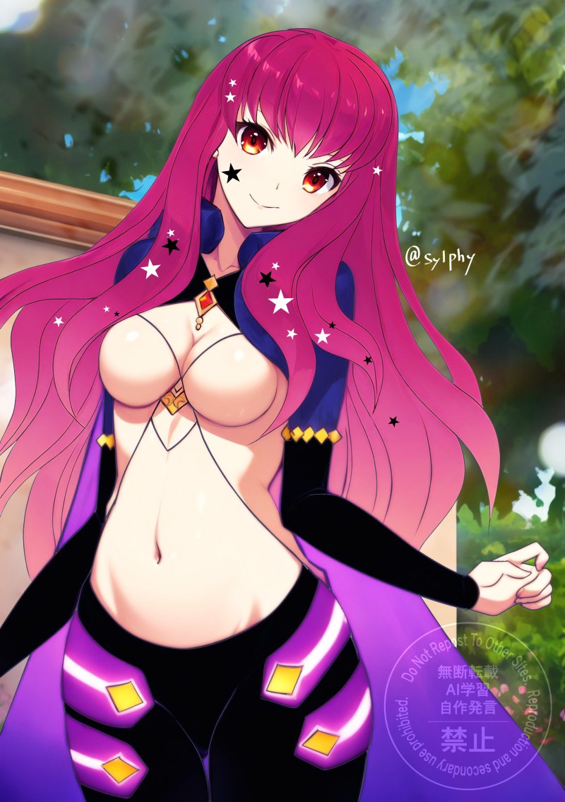 1girl, black_bridal_gauntlets, black_leggings, black_pants, breasts, bridal_gauntlets, cape, cleavage