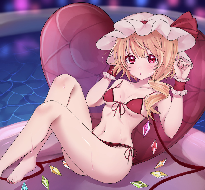 1girl, absurdres, barefoot, bikini, blonde_hair, breasts, chalc0, crystal, crystal_wings, flandre_scarlet, frilled_cuffs, front-tie_bikini_top, front-tie_top, hat, heart, heart-shaped_pillow, highres, medium_breasts, mob_cap, one_side_up, pillow, pool, reclining, red_bikini, red_eyes, side-tie_bikini_bottom, sitting, solo, swimsuit, touhou, w_arms, white_hat, wings