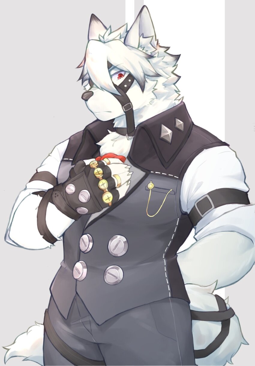 animal_ears, arm_behind_back, ascot, black_gloves, chinese_commentary, claws, closed_mouth, colored_tips, commentary_request, fingerless_gloves, furry, gloves, grey_pants, grey_vest, hand_on_own_chest, highres, kamitani_ookami, looking_at_viewer, multicolored_hair, pants, red_ascot, red_eyes, tail, tail_belt, vest, von_lycaon, wolf_boy, wolf_ears, wolf_tail, zenless_zone_zero