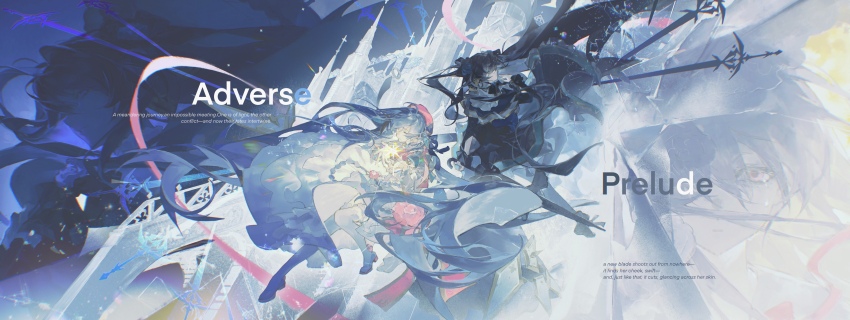 2girls, absurdres, arcaea, back-to-back, black_bow, black_dress, blue_flower, blue_hair