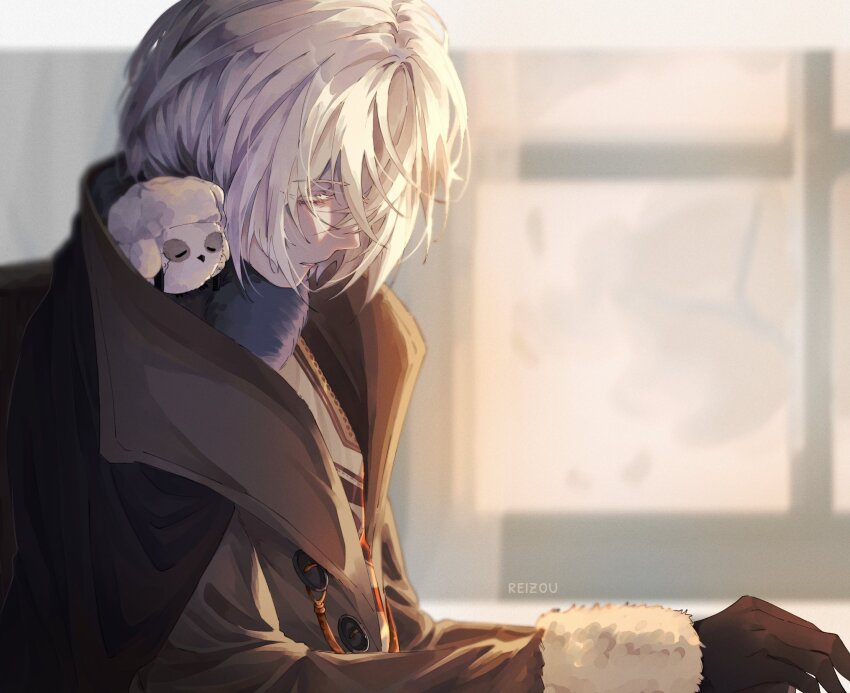 1boy, animal, animal_on_shoulder, bird, bird_on_shoulder, black_gloves, blurry, blurry_background