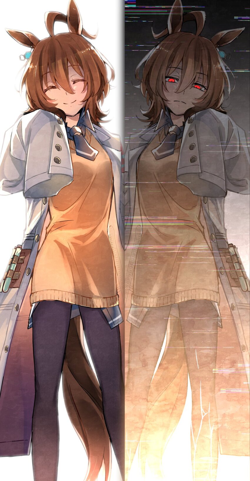 1girl, agnes_tachyon_(tach-nology)_(umamusume), agnes_tachyon_(umamusume), ahoge, animal_ears, cardigan, closed_eyes, closed_mouth