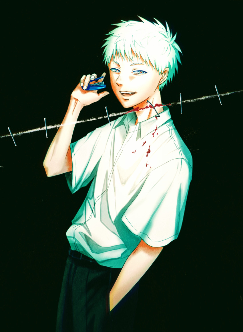 1boy, black_background, black_pants, blood, blood_on_clothes, blood_on_neck, collared_shirt, commentary