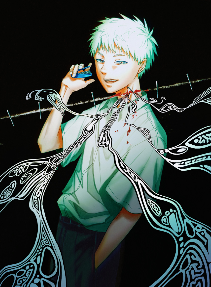 1boy, black_background, black_pants, blood, blood_on_clothes, blood_on_neck, collared_shirt, commentary