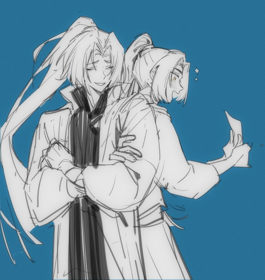 2boys, back-to-back, blue_background, blush, brothers, closed_eyes, coat, daguanyuan's_jia_huan_(project_moon)