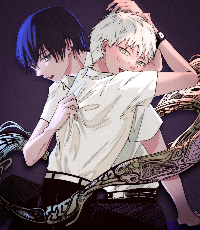 2boys, :d, arm_support, belt, black_eyes, black_hair, black_pants, clothes_grab