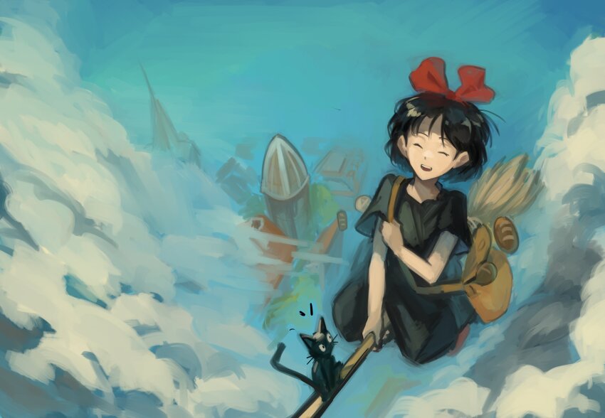 1girl, above_clouds, absurdres, bag, black_dress, black_hair, blue_sky, bread