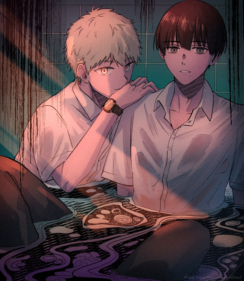 2boys, black_eyes, black_hair, black_pants, closed_mouth, collared_shirt, commentary, expressionless