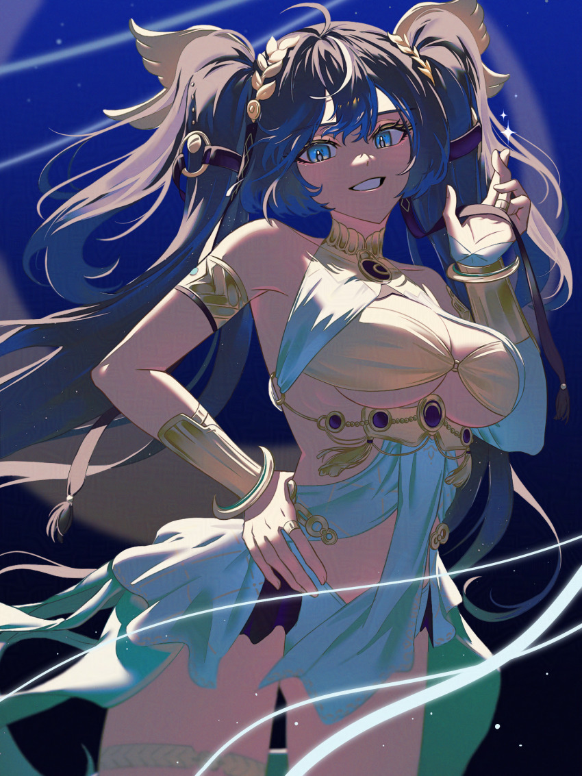 1girl, absurdres, adversarial_noise, ahoge, ancient_greek_clothes, armlet, bare_shoulders, blue_eyes, blue_hair, breasts, cleavage, commentary_request, cowboy_shot, gold_bra, greco-roman_clothes, hair_belt, hair_between_eyes, hand_on_own_hip, hand_up, head_wreath, highres, iuno_(wuthering_waves), jewelry, korean_commentary, large_breasts, long_hair, looking_at_viewer, nininininil, parted_lips, smile, solo, thighlet, thighs, twintails, underboob, very_long_hair, wuthering_waves