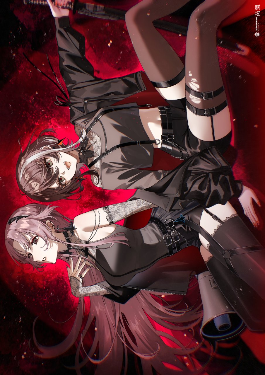 2girls, asu_(sinsekai), bema_(sinsekai), black_jacket, black_shorts, black_thighhighs, brown_hair, brown_shirt