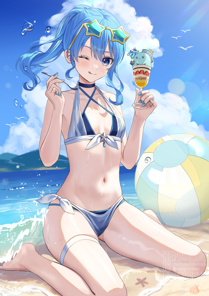 1girl, ;q, alternate_costume, asymmetrical_sidelocks, ball, barefoot, beach, beachball