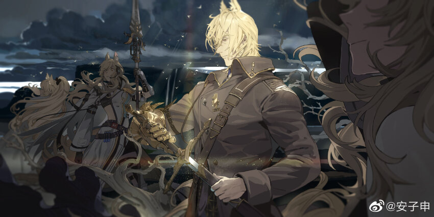 1boy, 3girls, anzishen, arknights, blemishine_(arknights), blonde_hair, chinese_commentary, cloud, cloudy_sky, commentary_request, highres, holding, holding_sword, holding_weapon, light_particles, long_hair, mlynar_(arknights), multiple_girls, nearl_(arknights), sheath, sky, standing, sword, tree, unsheathing, viviana_(arknights), watermark, weapon, weibo_watermark