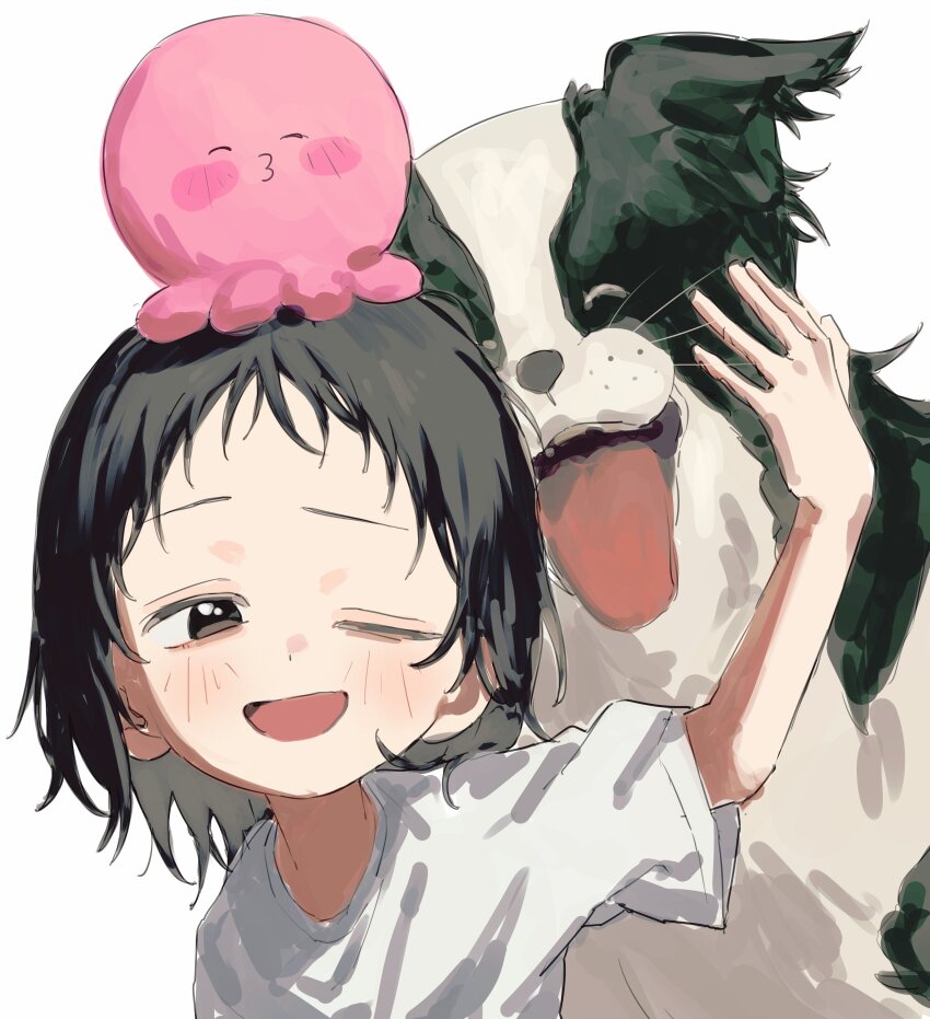 1girl, 333takoyaki, ^_^, absurdres, animal, black_eyes, black_hair, blush, border_collie, chappy_(takopii_no_genzai), closed_eyes, commentary_request, dog, highres, kuze_shizuka, medium_hair, one_eye_closed, open_mouth, shirt, short_sleeves, simple_background, takopii, takopii_no_genzai, tongue, upper_body, white_background, white_shirt