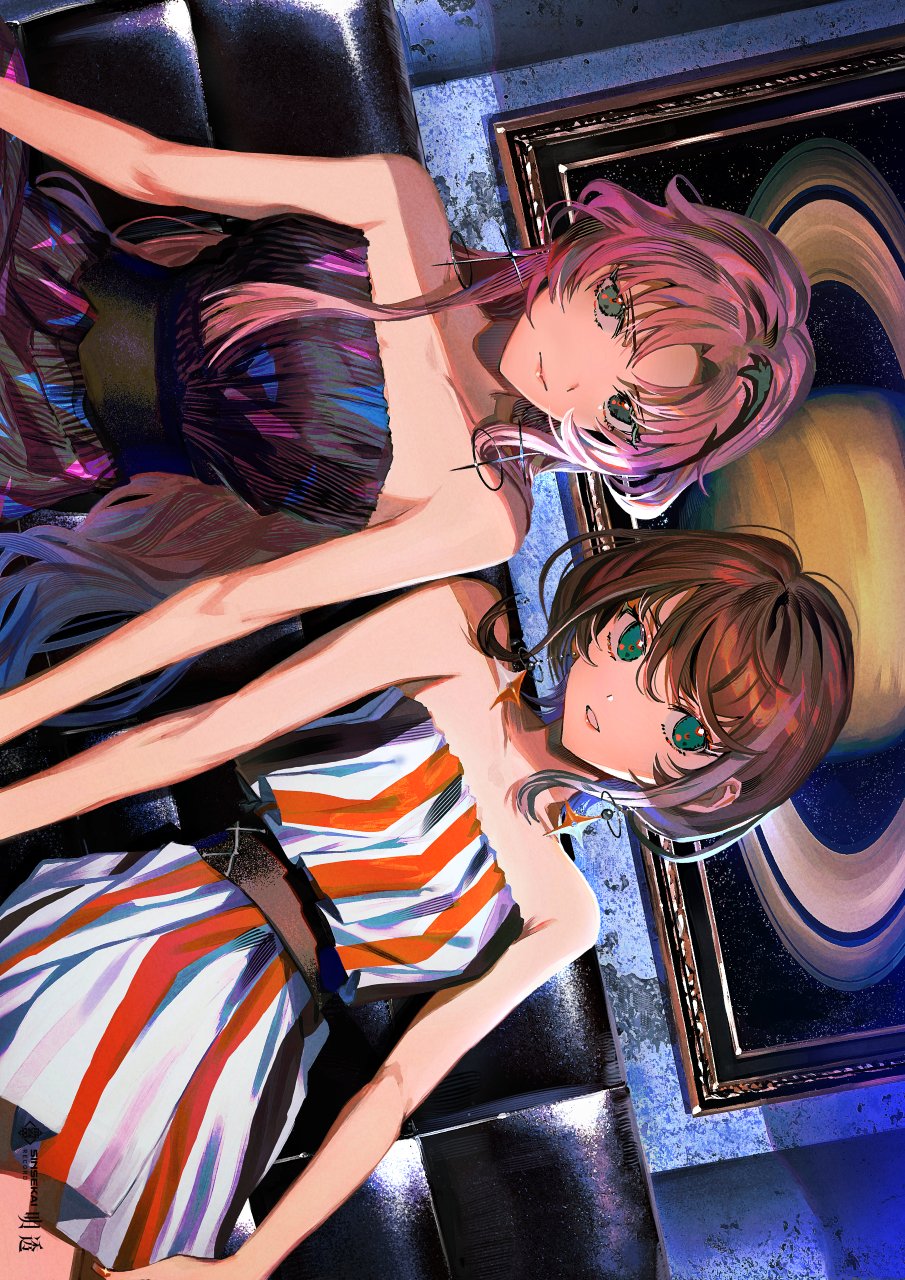 2girls, aqua_eyes, asu_(sinsekai), bare_shoulders, bema_(sinsekai), brown_hair, character_name, commentary_request