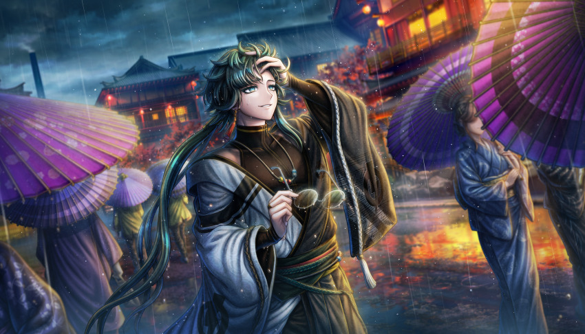 1boy, absurdres, aqua_eyes, aqua_hair, earrings, grin, hand_on_own_head, highres