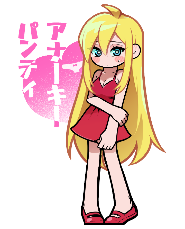 1girl, blonde_hair, blue_eyes, breasts, character_name, cleavage, dress, hair_down