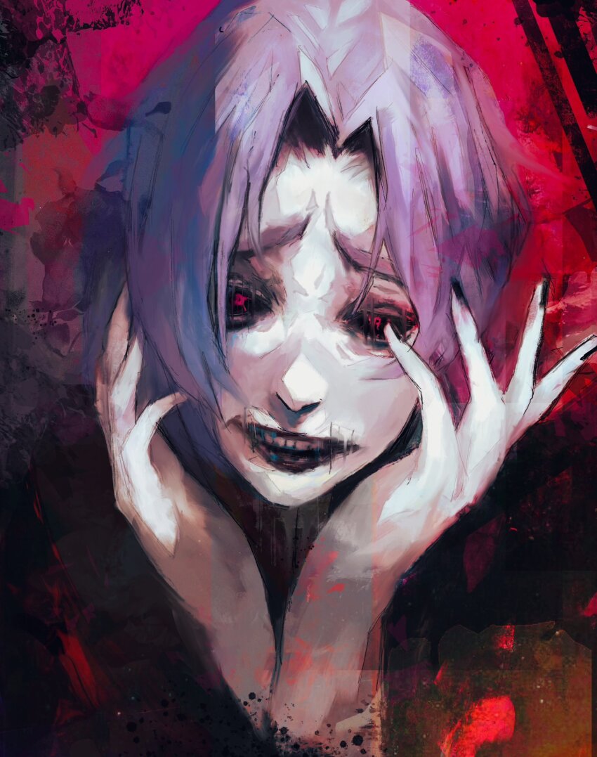 1girl, black_lips, black_nails, black_sclera, close-up, colored_sclera, gradient_background, hands_on_own_head, highres, ishida_sui_(style), kanae_von_rosewald, lips, looking_at_viewer, painterly, parted_lips, purple_hair, realistic_teeth, red_background, red_eyes, short_hair, solo, stitched_eye, stitched_mouth, stitches, teeth, tokyo_ghoul, tokyo_ghoul:re, upper_teeth_only, xa8uofivf2mcart