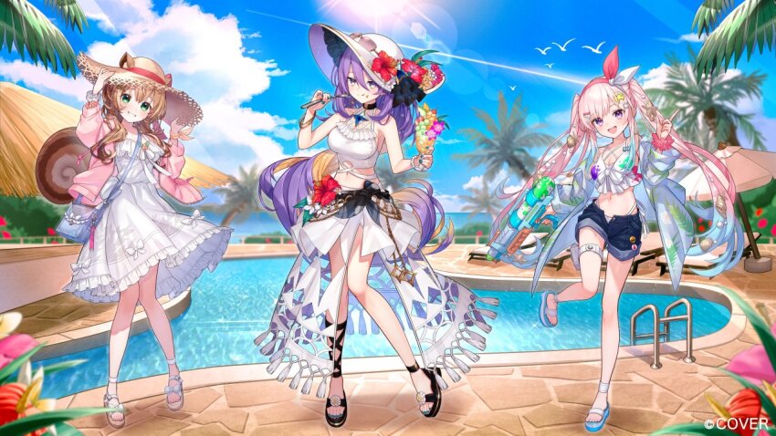 3girls, airani_iofifteen, airani_iofifteen_(holonatsu_paradise), animal_ears, ayunda_risu, ayunda_risu_(holonatsu_paradise), bag, bead_bracelet