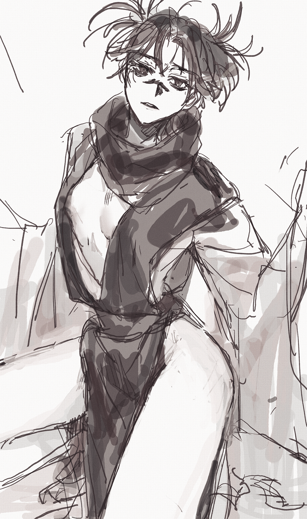 1girl, adapted_costume, black_scarf, breasts, choso_(jujutsu_kaisen), cowboy_shot, facial_mark, genderswap