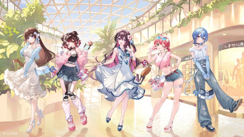 5girls, arm_warmers, azki_(hololive), azki_(holonatsu_paradise)_(hololive), bag, black_camisole, black_choker, black_hair, blue_arm_warmers, blue_eyes, blue_jacket, blue_pants, blue_sailor_collar, blue_shoes, blue_shorts, blue_sky, bow, brown_hair, camisole, choker, closed_mouth, colored_inner_hair, denim, denim_shorts, double-parted_bangs, double_bun, dress, eyewear_on_head, feet, flower, flower_hairpin, full_body, gradient_hair, green_eyes, hair_between_eyes, hair_bow, hair_bun, hair_flaps, hair_flower, hair_ornament, hand_on_own_hip, hand_up, high_heels, holding_own_dress, hololive, hoshimachi_suisei, hoshimachi_suisei_(holonatsu_paradise), indoors, jacket, jeans, leg_warmers, long_hair, looking_at_viewer, mechanical_legs, midriff, multicolored_hair, multiple_girls, navel, noir_eku, off_shoulder, official_alternate_costume, official_alternate_hair_length, official_alternate_hairstyle, official_art, open_mouth, outside_border, pants, pink_hair, pink_jacket, pink_shirt, pink_shoes, pleated_skirt, purple_eyes, roboco-san, roboco-san_(holonatsu_paradise), sailor_collar, sailor_dress, sakura_miko, sakura_miko_(holonatsu_paradise), sandals, shirt, shirt_tucked_in, shoe_soles, shoes, short_hair, short_twintails, shorts, shoulder_bag, single_side_bun, skirt, sky, sleeveless, sleeveless_dress, smile, sneakers, streaked_hair, sunglasses, t-shirt, thigh_strap, toes, tokino_sora, tokino_sora_(holonatsu_paradise), torn_clothes, torn_jeans, torn_pants, twintails, virtual_youtuber, white_dress, white_hair, white_leg_warmers, white_shirt, white_shoes