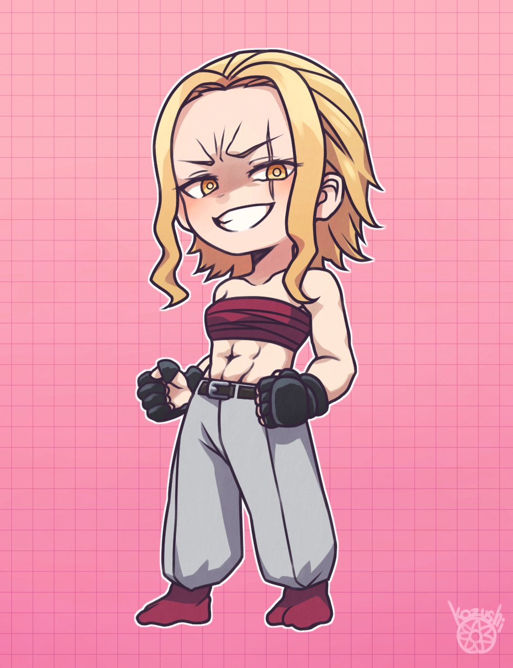 2girls, abs, belt, black_gloves, blonde_hair, chest_sarashi, chibi, collarbone