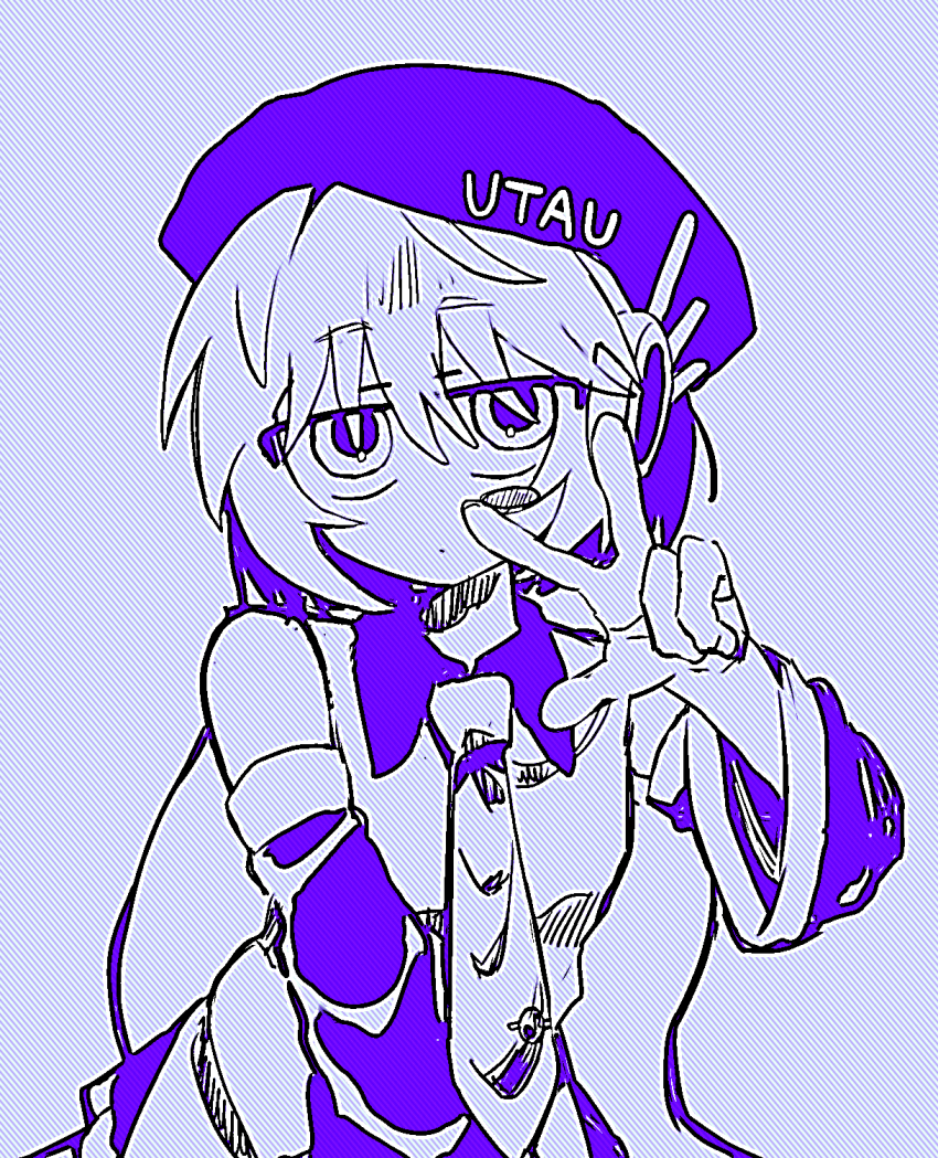 1girl, bare_shoulders, beret, blue_theme, collared_shirt, detached_sleeves, hand_up, hat, highres, long_sleeves, looking_at_viewer, monochrome, necktie, r_mame_n, shirt, short_hair, sleeveless, sleeveless_shirt, solo, upper_body, utane_uta, utau, w